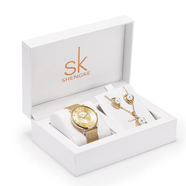 ClamantaBeauty  Or/Blanc Coffret montre à Quartz élégant avec collier