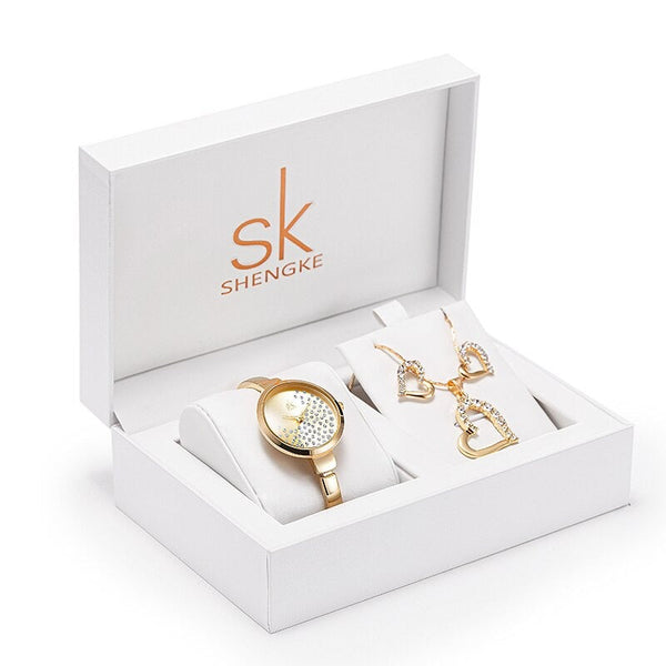 ClamantaBeauty  Or/Or Coffret montre à Quartz élégant avec collier