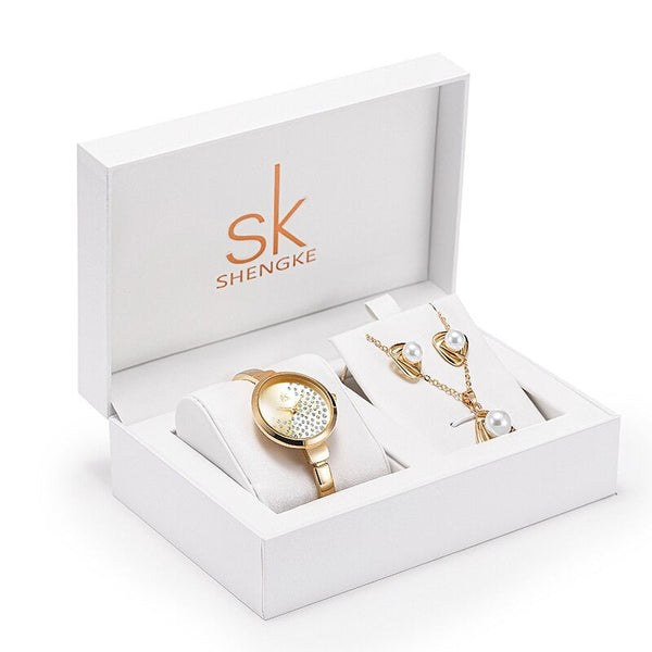 ClamantaBeauty  Blanc/Or Coffret montre à Quartz élégant avec collier