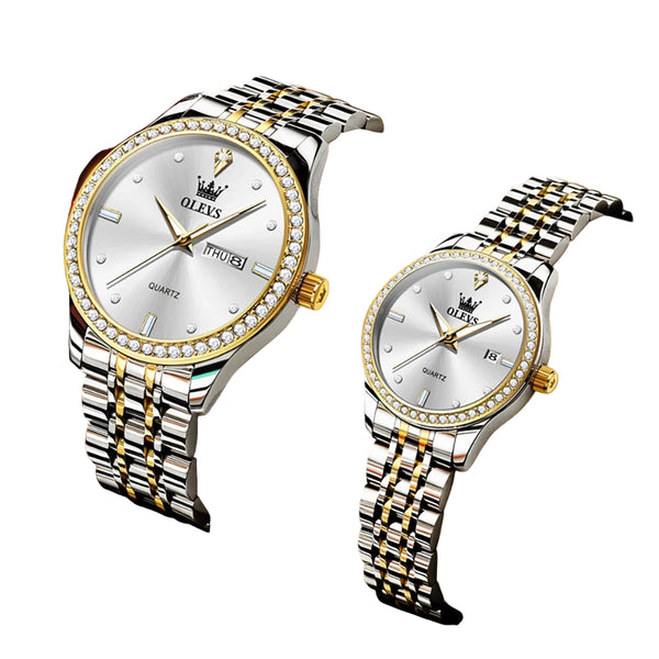 Montres couple premium – Quartz, lunette zircon, étanchéité, affichage date/semaine, luminosité nocturne