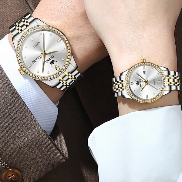 Montres couple premium – Quartz, lunette zircon, étanchéité, affichage date/semaine, luminosité nocturne