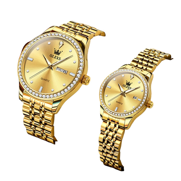 Montres couple premium – Quartz, lunette zircon, étanchéité, affichage date/semaine, luminosité nocturne