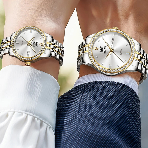 Montres couple premium – Quartz, lunette zircon, étanchéité, affichage date/semaine, luminosité nocturne