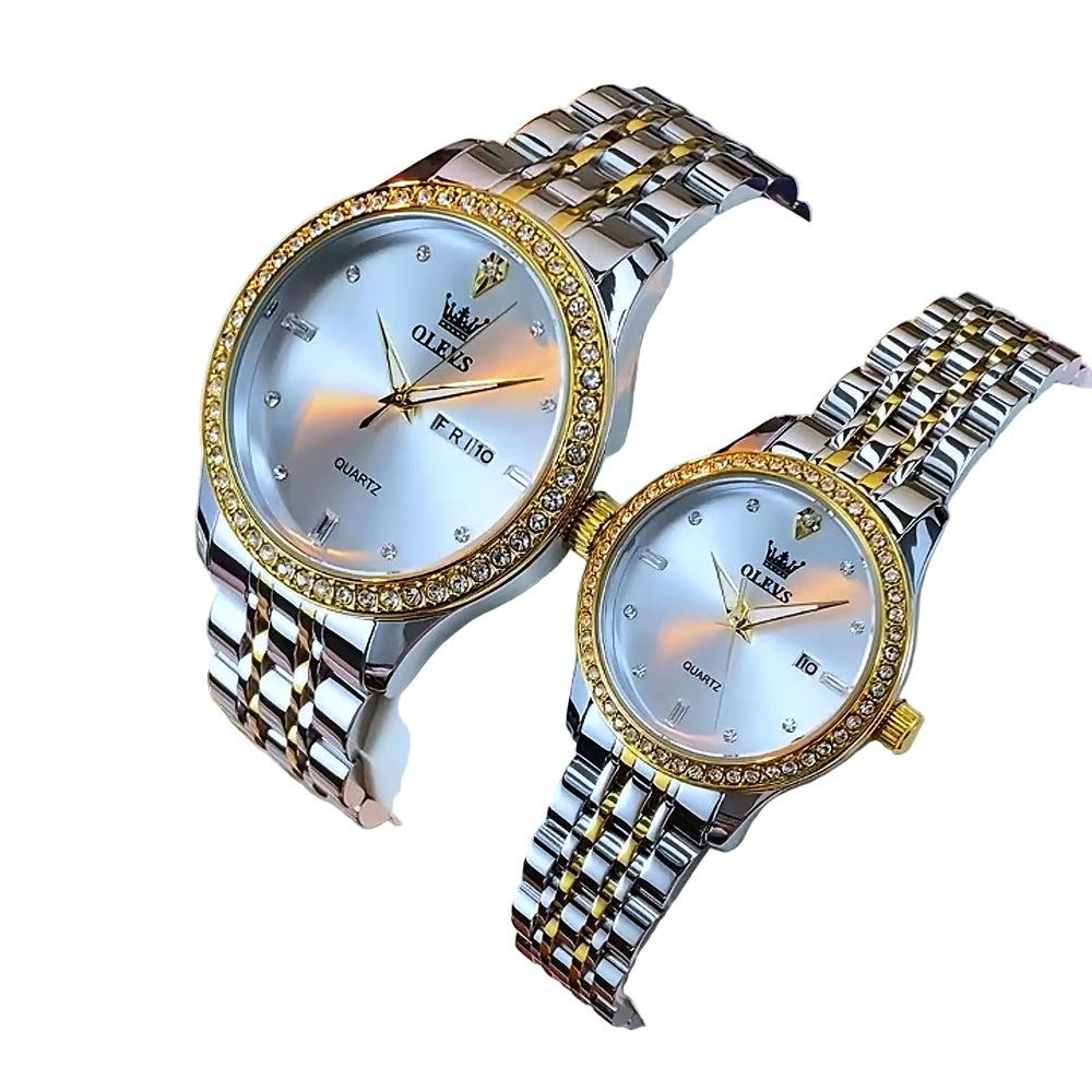 Montres couple premium – Quartz, lunette zircon, étanchéité, affichage date/semaine, luminosité nocturne