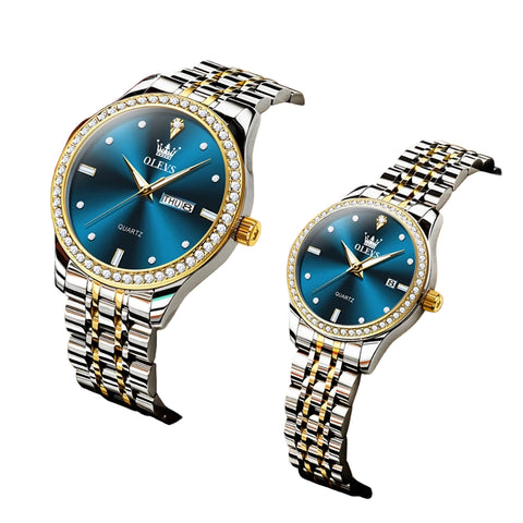 Montres couple premium – Quartz, lunette zircon, étanchéité, affichage date/semaine, luminosité nocturne