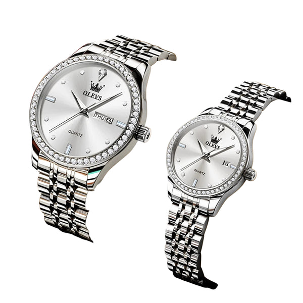 Montres couple premium – Quartz, lunette zircon, étanchéité, affichage date/semaine, luminosité nocturne