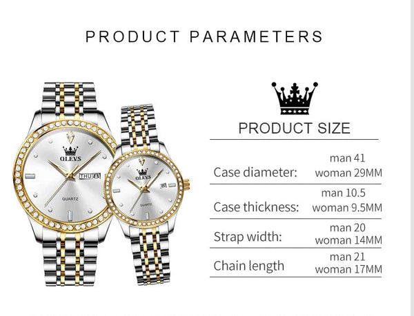 Montres couple premium – Quartz, lunette zircon, étanchéité, affichage date/semaine, luminosité nocturne