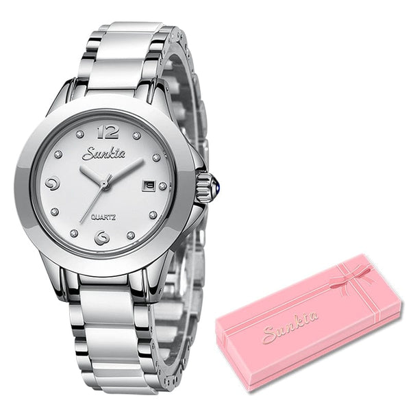Clamanta Beauty Argent Montre Fashion en céramique à Quartz pour femmes