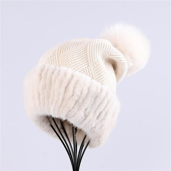 beautefeminine.fr Beige Bonnet en fourrure de vison lady Fashion avec Pom Poms