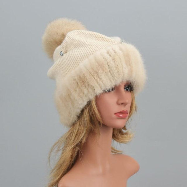 beautefeminine.fr Beige Bonnet en vraie fourrure de vison naturelle