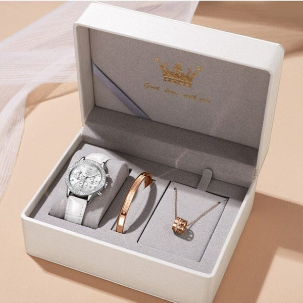 Clamanta Beauty Blanc/Argent Montre cuir élégante et bracelet inox pour femmes