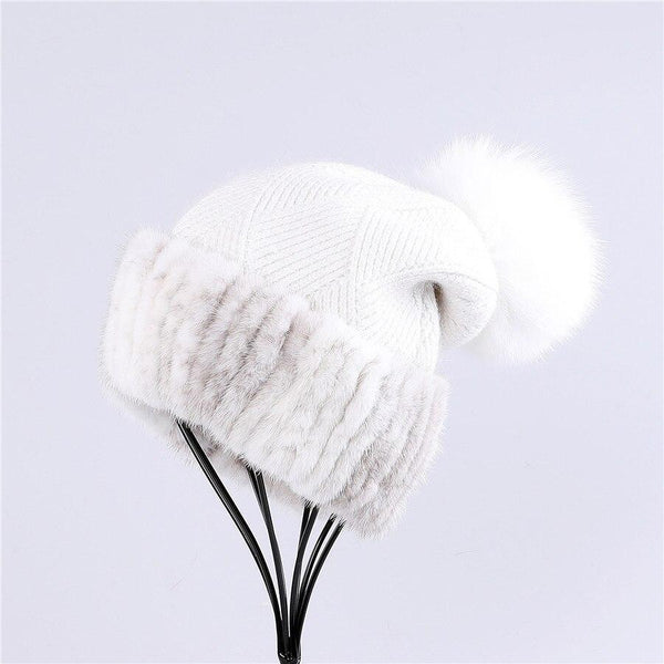 beautefeminine.fr Blanc Bonnet en fourrure de vison lady Fashion avec Pom Poms