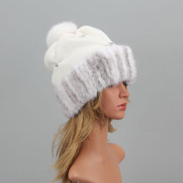 beautefeminine.fr Blanc/Gris Bonnet en vraie fourrure de vison naturelle
