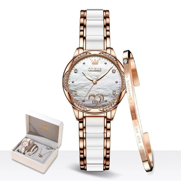 beautefeminine.fr Blanc Montre mécanique en céramique et bracelet collier avec boîte pour femme