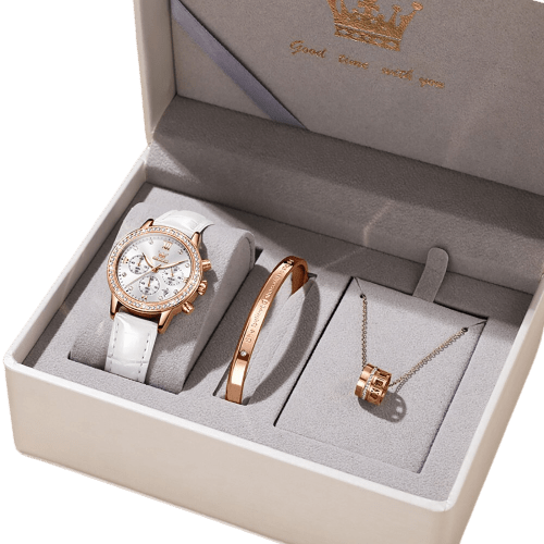 Clamanta Beauty Blanc/Or Montre cuir élégante et bracelet inox pour femmes