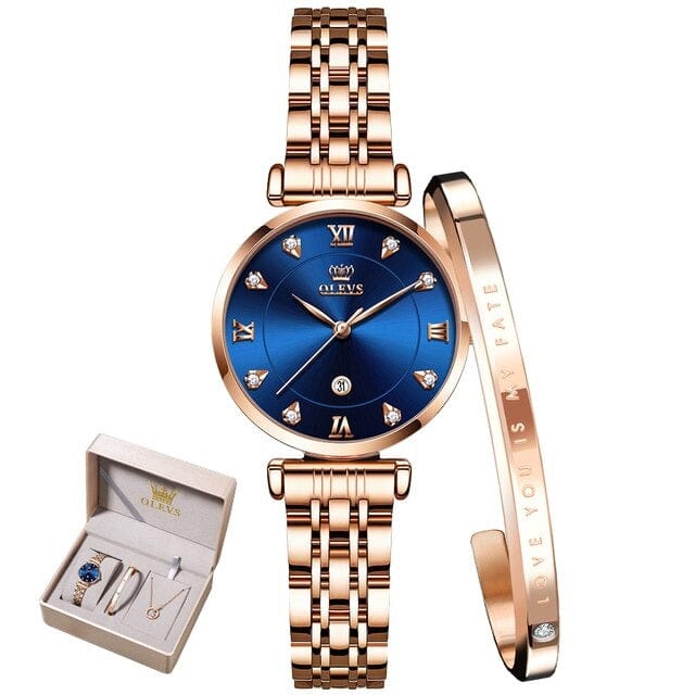 beautefeminine.fr Bleu Montre bracelet et collier de luxe pour femmes 3 pcs dans un magnifique coffret