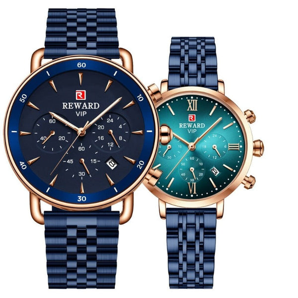 Clamanta Beauty Bleu Montre hommes et femmes chronographe en acier inoxydable