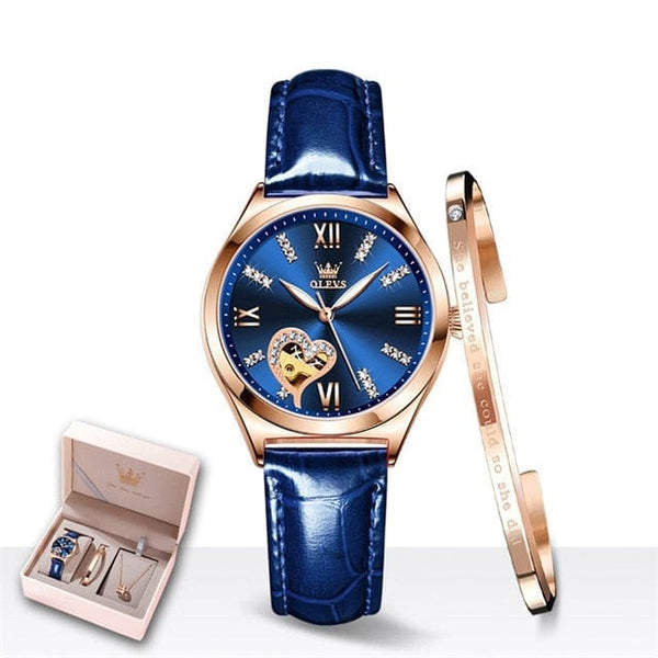 Clamanta Beauty Bleu Montre mécanique Bracelet en cuir et collier pour femmes 3pcs dans un joli coffret