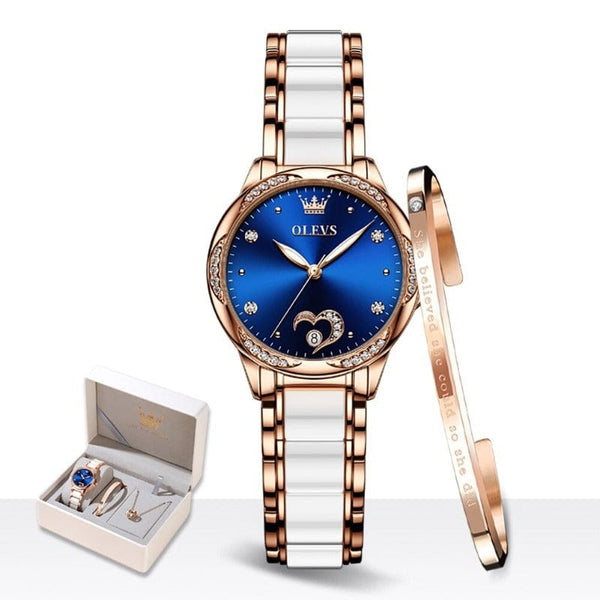beautefeminine.fr Bleu Montre mécanique en céramique et bracelet collier avec boîte pour femme