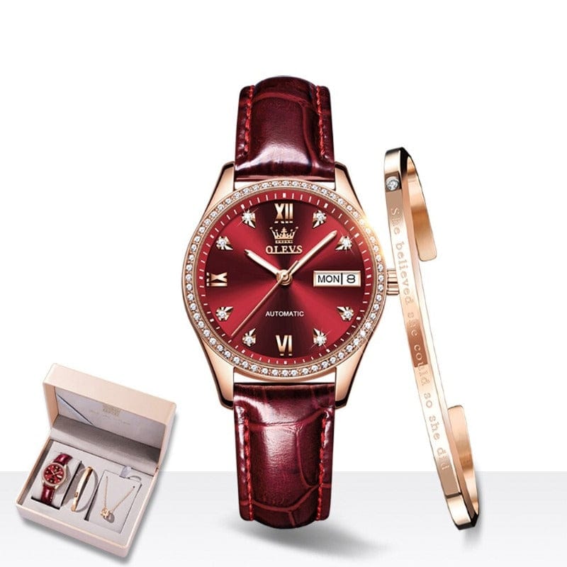 Clamanta Beauty Bordeaux Montre-bracelet automatique en céramique pour femme