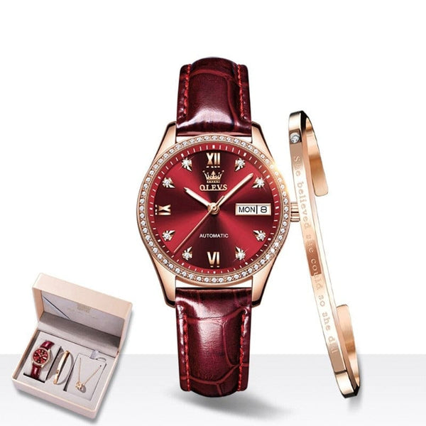 Clamanta Beauty Bordeaux Montre-bracelet automatique en céramique pour femme
