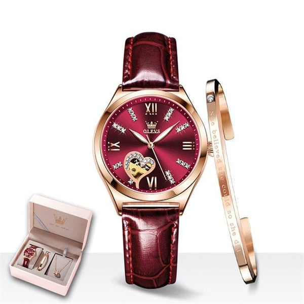 Clamanta Beauty Bordeaux Montre mécanique Bracelet en cuir et collier pour femmes 3pcs dans un joli coffret