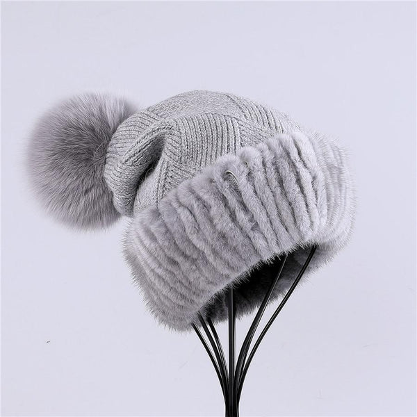 beautefeminine.fr Gris Bonnet en fourrure de vison lady Fashion avec Pom Poms