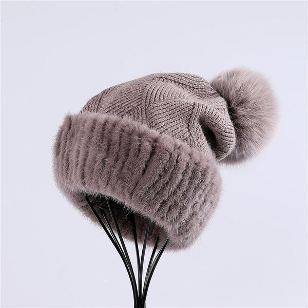 beautefeminine.fr Khaki Bonnet en fourrure de vison lady Fashion avec Pom Poms