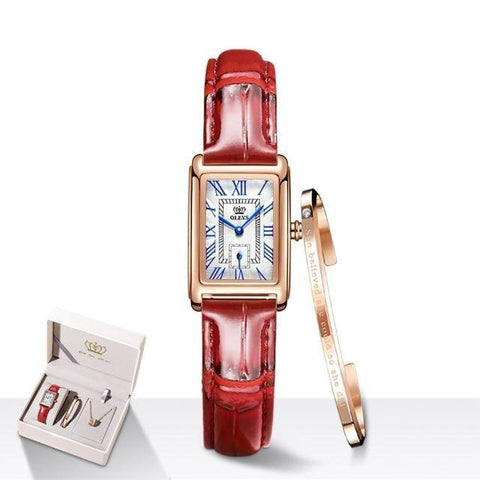 beautefeminine.fr montre bracelet Rouge/Or Montre carré bracelet en cuir avec collier et bracelet