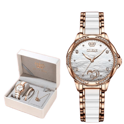 Clamanta Beauty Montre céramique Blanc Montre élégante en céramique avec bracelet et collier pour femmes