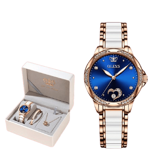 Clamanta Beauty Montre céramique Bleu Montre élégante en céramique avec bracelet et collier pour femmes
