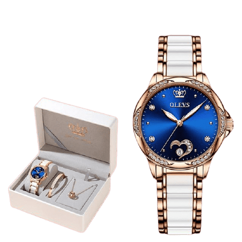 Clamanta Beauty Montre céramique Bleu Montre élégante en céramique avec bracelet et collier pour femmes