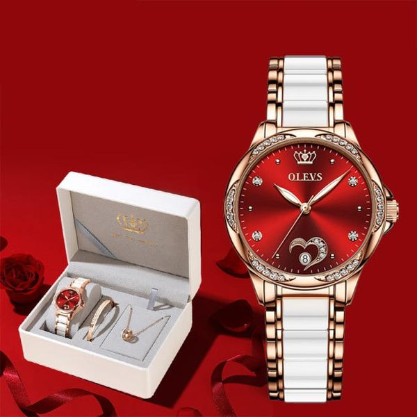 Clamanta Beauty Montre céramique Montre élégante en céramique avec bracelet et collier pour femmes