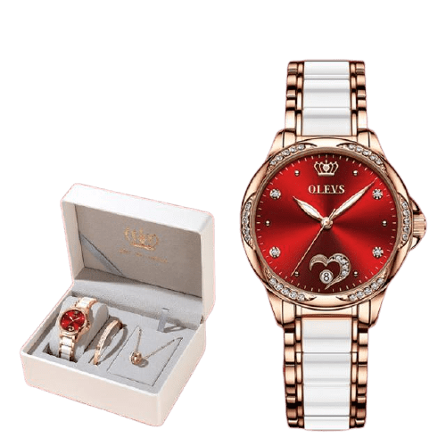 Clamanta Beauty Montre céramique Rouge Montre élégante en céramique avec bracelet et collier pour femmes