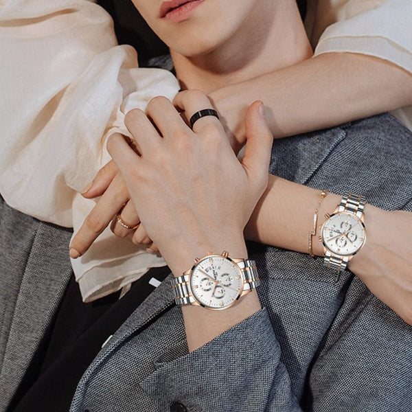 Clamanta Beauty Montre de Couple Chronographe simple et chic en acier inoxydable