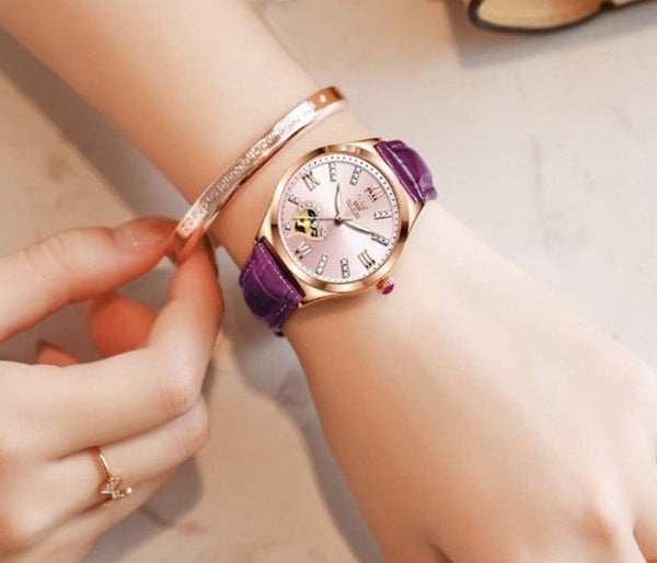 Clamanta Beauty Montre mécanique Bracelet en cuir et collier pour femmes 3pcs dans un joli coffret