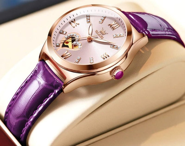 Clamanta Beauty Montre mécanique Bracelet en cuir et collier pour femmes 3pcs dans un joli coffret