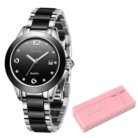 Clamanta Beauty Noir/Argent Montre Fashion en céramique à Quartz pour femmes