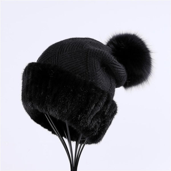 beautefeminine.fr Noir Bonnet en fourrure de vison lady Fashion avec Pom Poms