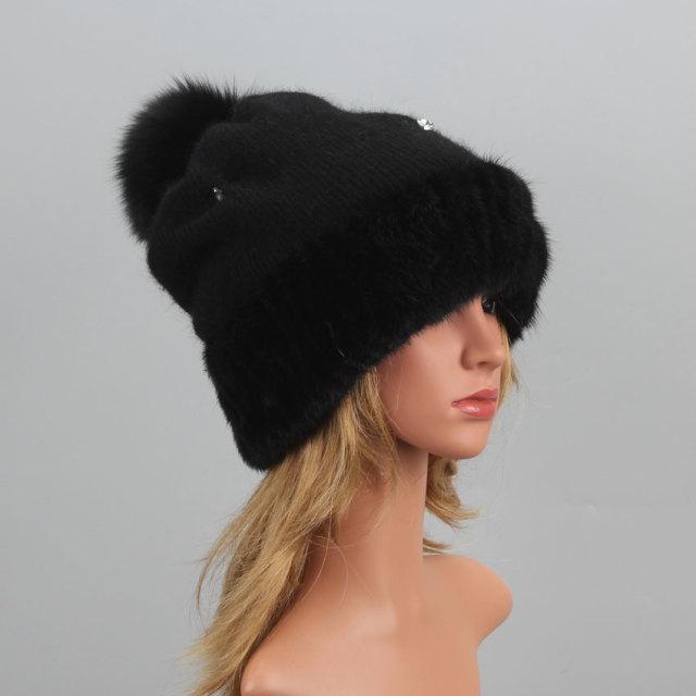 beautefeminine.fr Noir Bonnet en vraie fourrure de vison naturelle