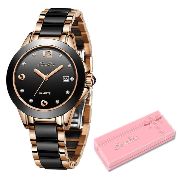 Clamanta Beauty Noir Montre Fashion en céramique à Quartz pour femmes