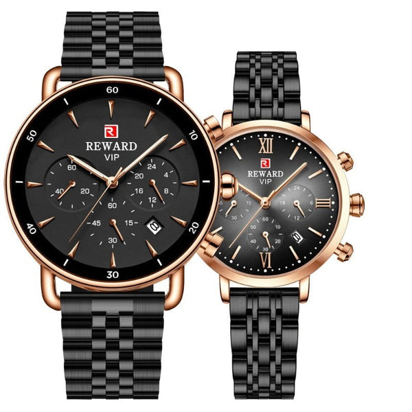 Clamanta Beauty Noir Montre hommes et femmes chronographe en acier inoxydable