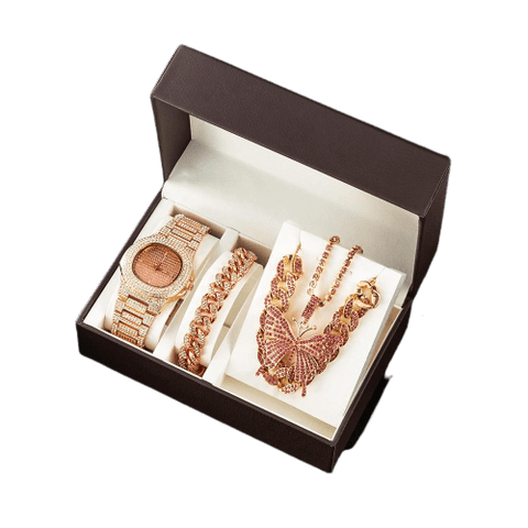 beautefeminine.fr Rose Montres collier strass papillon bracelet pour femme