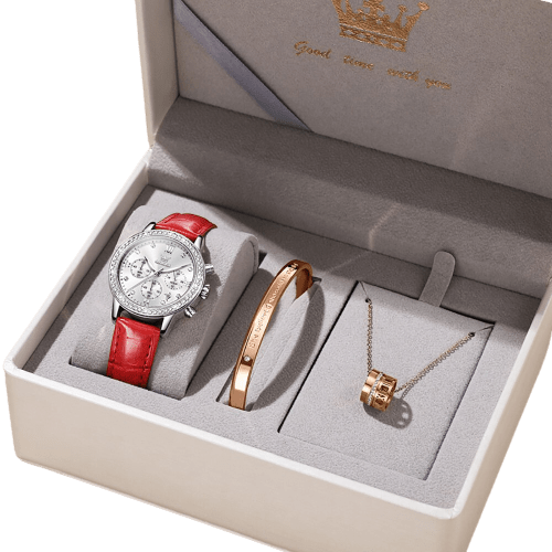 Clamanta Beauty Rouge/Argent Montre cuir élégante et bracelet inox pour femmes
