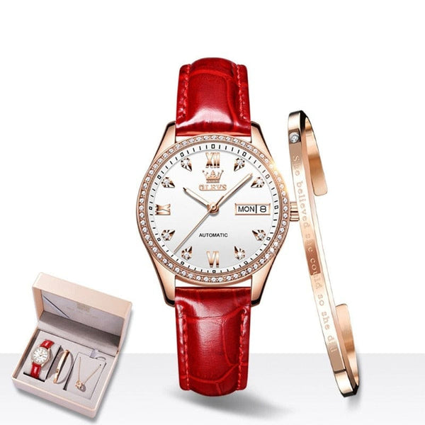 Clamanta Beauty Rouge Montre-bracelet automatique en céramique pour femme