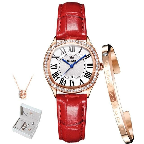 Clamanta Beauty Rouge Montre-bracelet de luxe en cuir pour femmes