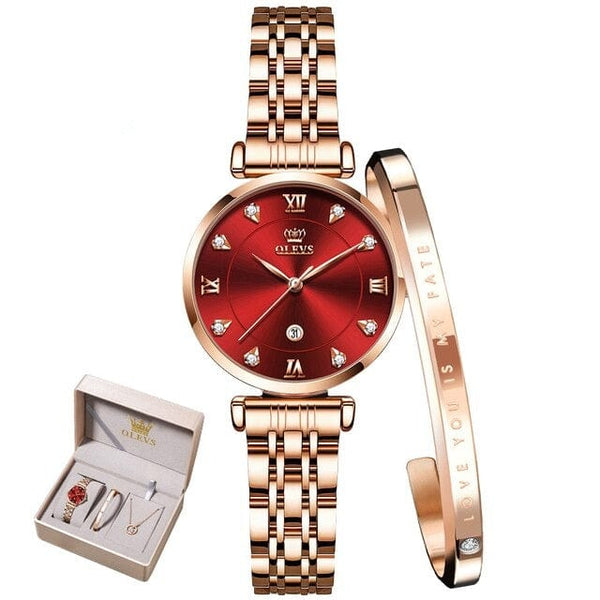 beautefeminine.fr Rouge Montre bracelet et collier de luxe pour femmes 3 pcs dans un magnifique coffret