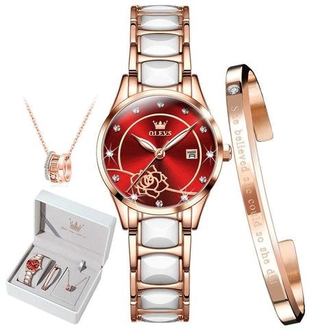 beautefeminine.fr Rouge Montre de luxe à Quartz avec bracelet pour femmes