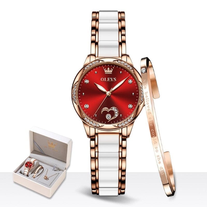 beautefeminine.fr Rouge Montre mécanique en céramique et bracelet collier avec boîte pour femme
