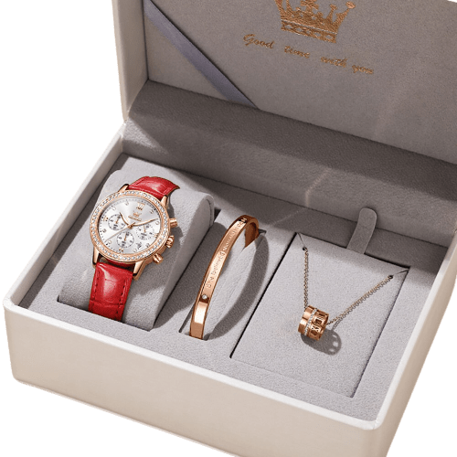 Clamanta Beauty Rouge/Or Montre cuir élégante et bracelet inox pour femmes